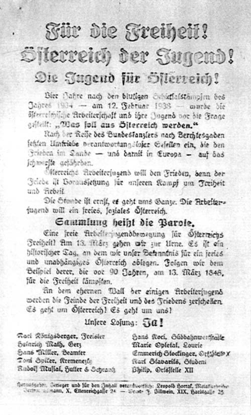 Flugblatt einer Arbeiterjugendgruppe, März 1938