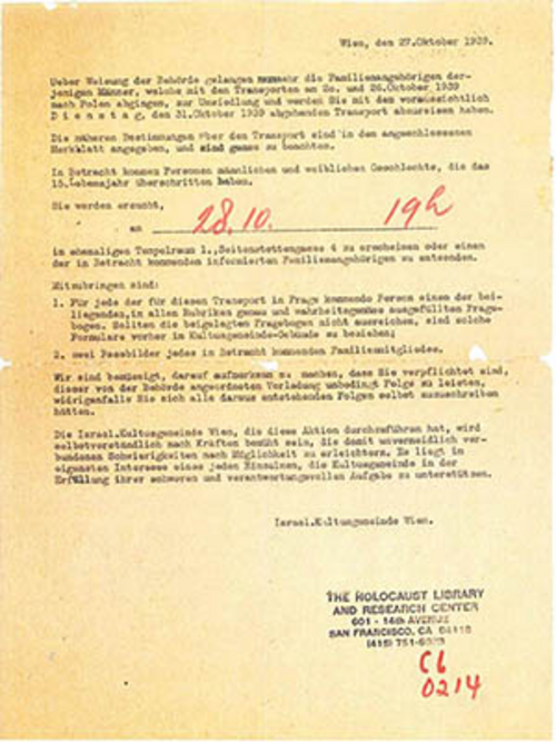 Mitteilung IKG, 27. 10. 1939