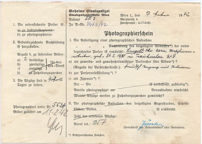 Erkennungsdienstliche Kartei Gestapo Wien Foto Wiener Stadt und
