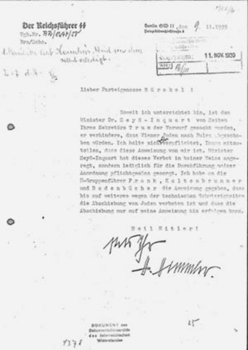 Himmler an Bürckel, 9. 11. 1939