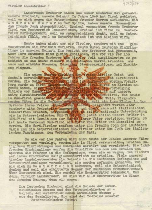 Flugblatt einer Tiroler Widerstandsgruppe, 1938