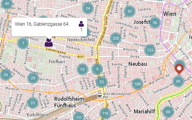 Screenshot mit Stadtplanansicht aus der Mobilen Website memento.wien