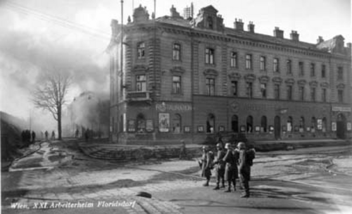 Februar 1934: brennendes Arbeiterheim Floridsdorf